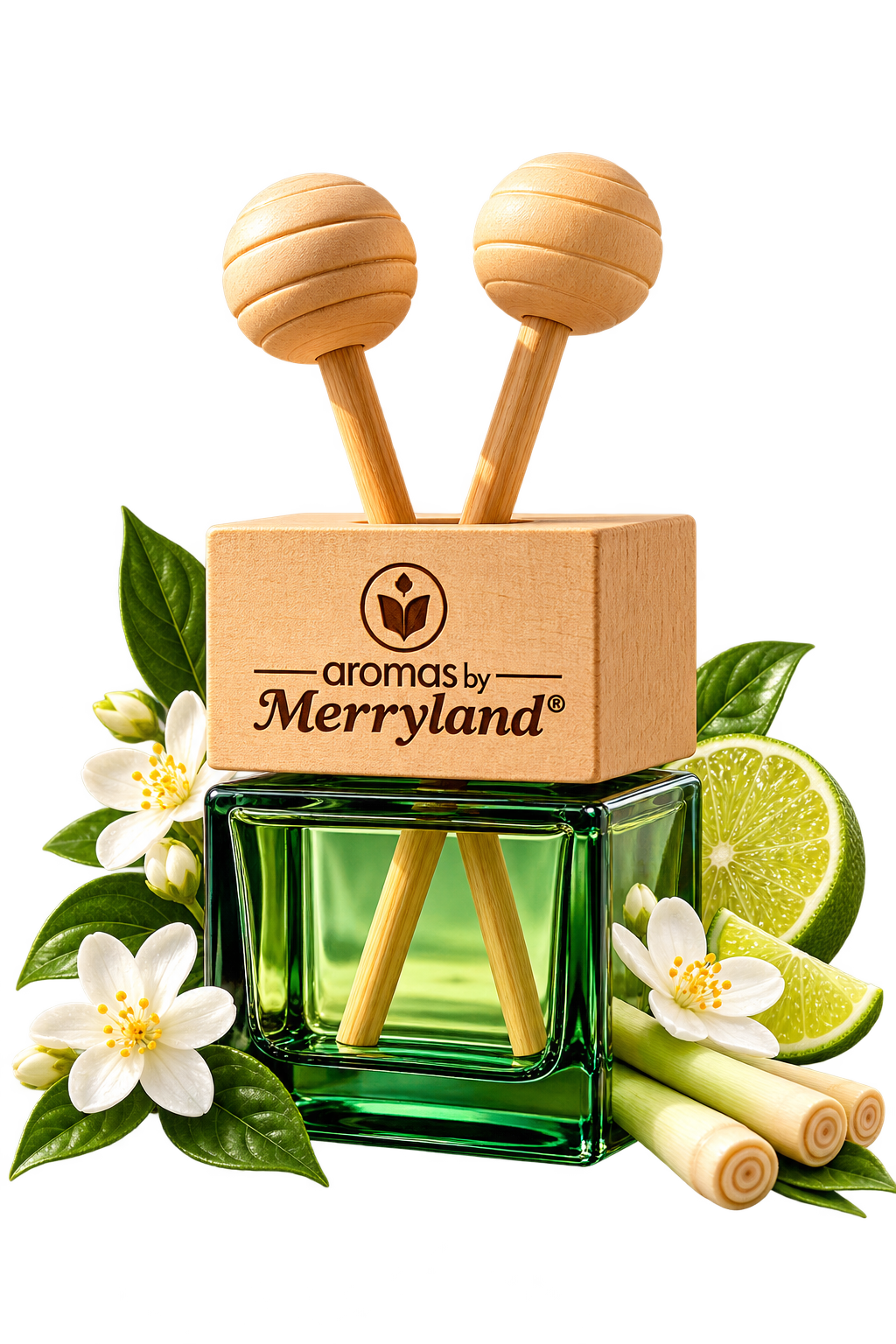 Merryland green glass reed diffuser with wooden cap